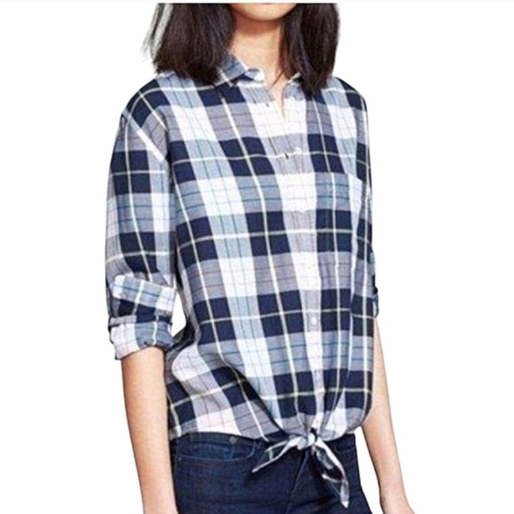 Equipment Daddy Groundwork Plaid Tie Front Top Blue Cotton Button Down Small